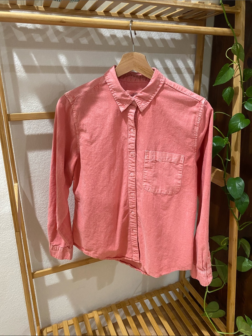 Coral Button-Up Shirt with Patch Pocket